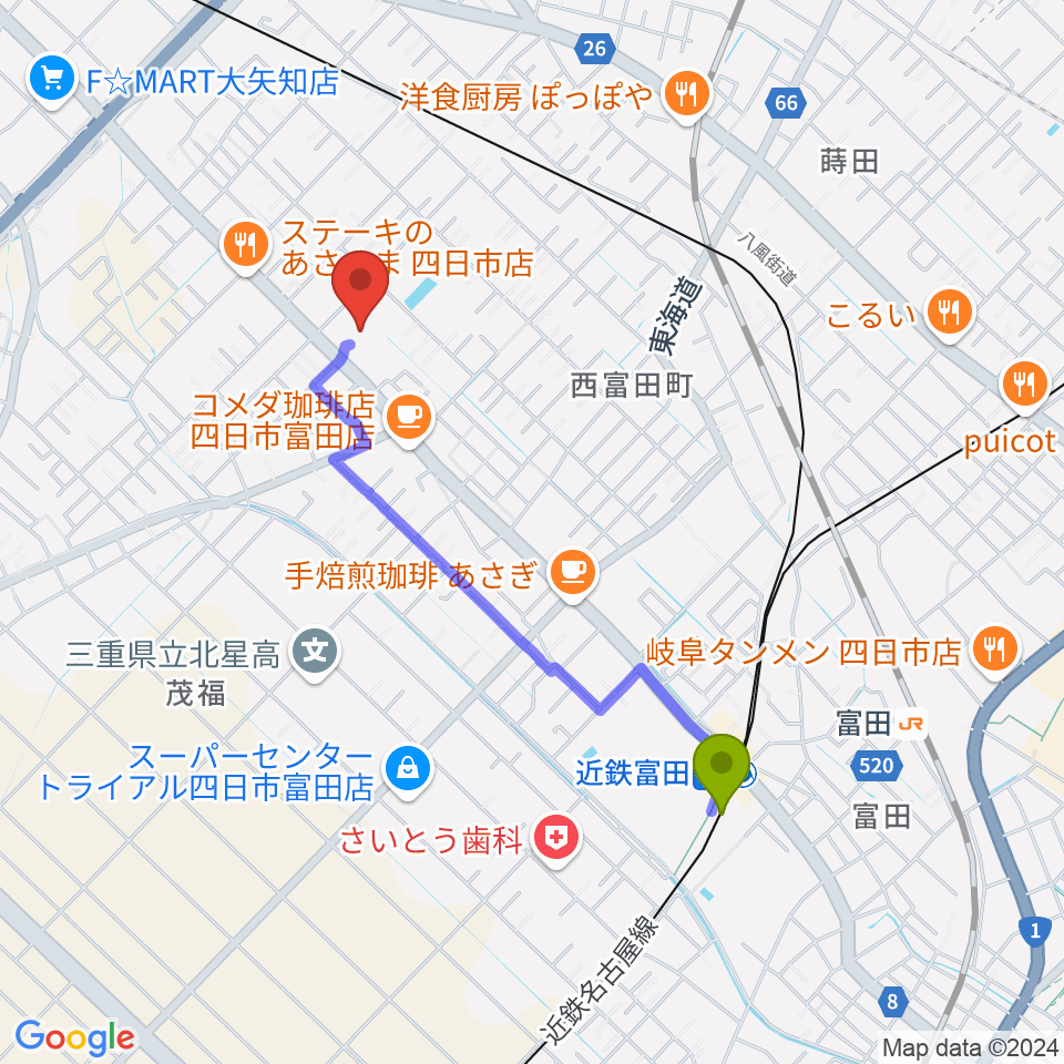 四日市地域総合会館あさけプラザの最寄駅近鉄富田駅からの徒歩ルート（約18分）地図