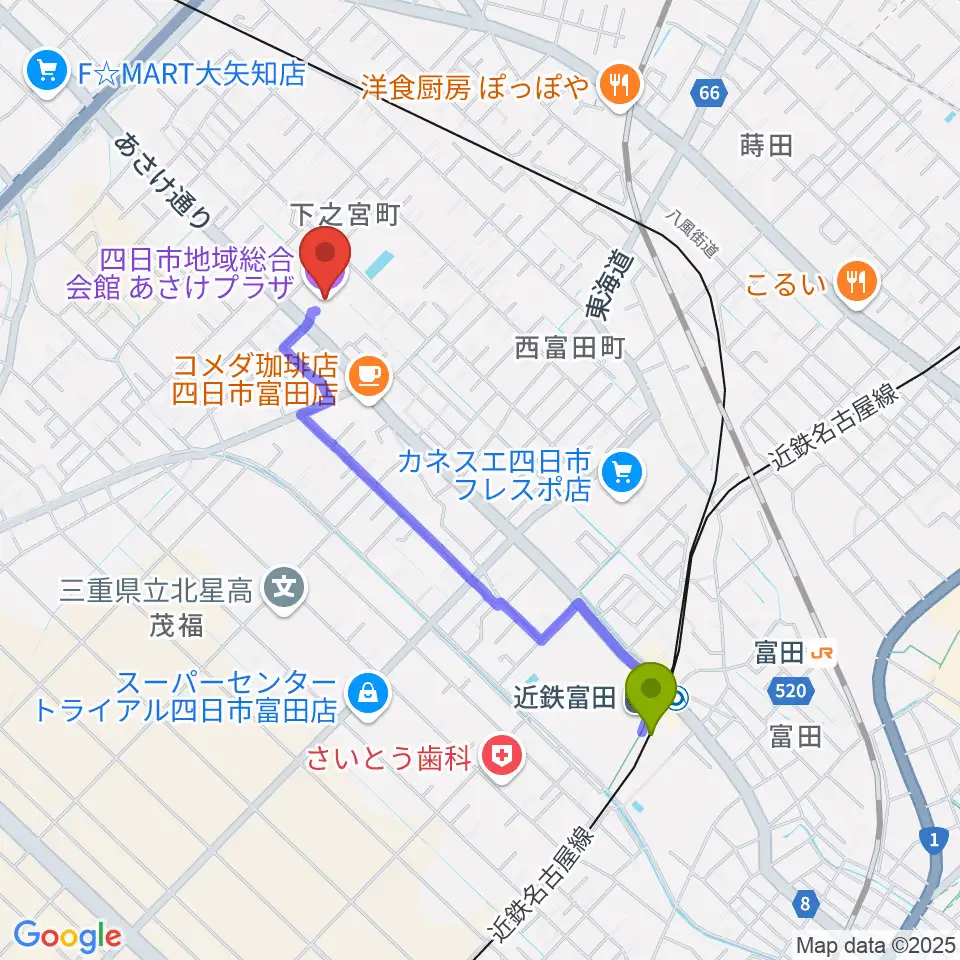 四日市地域総合会館あさけプラザの最寄駅近鉄富田駅からの徒歩ルート（約18分）地図