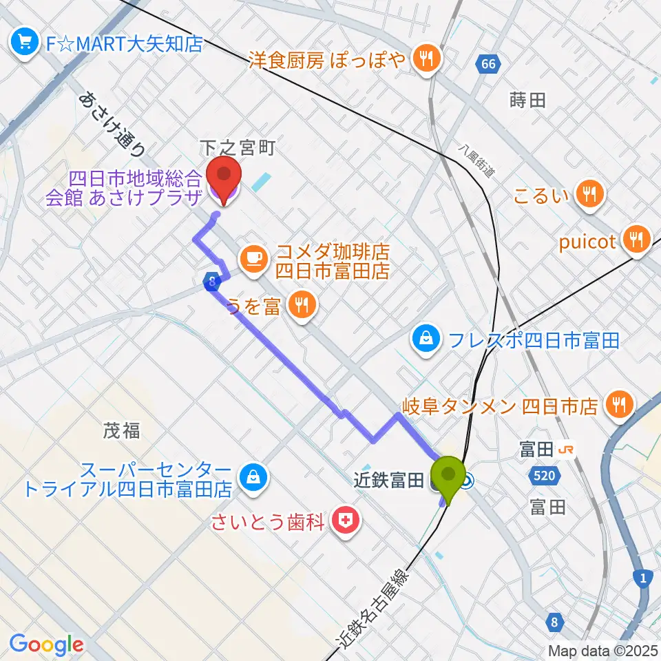 四日市地域総合会館あさけプラザの最寄駅近鉄富田駅からの徒歩ルート（約18分）地図