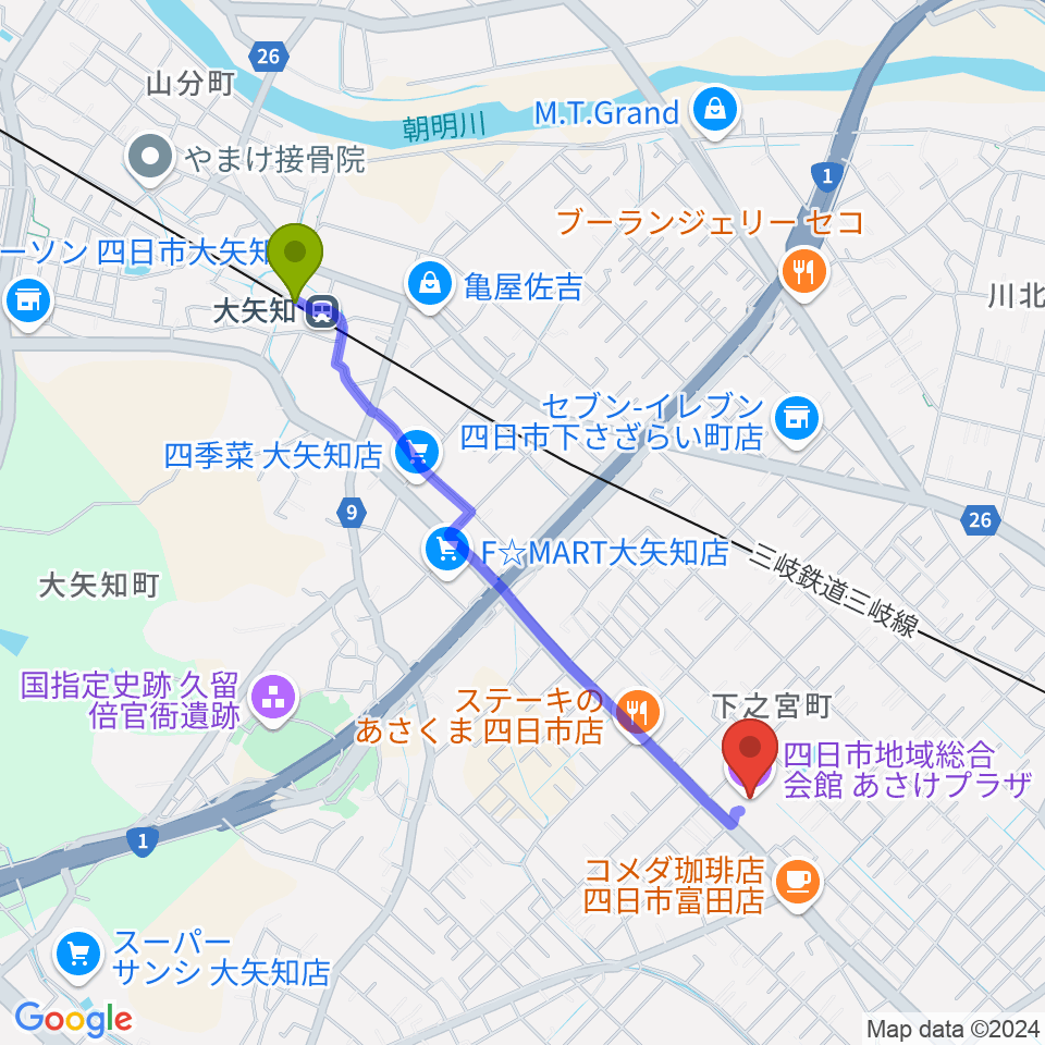 大矢知駅から四日市地域総合会館あさけプラザへのルートマップ地図