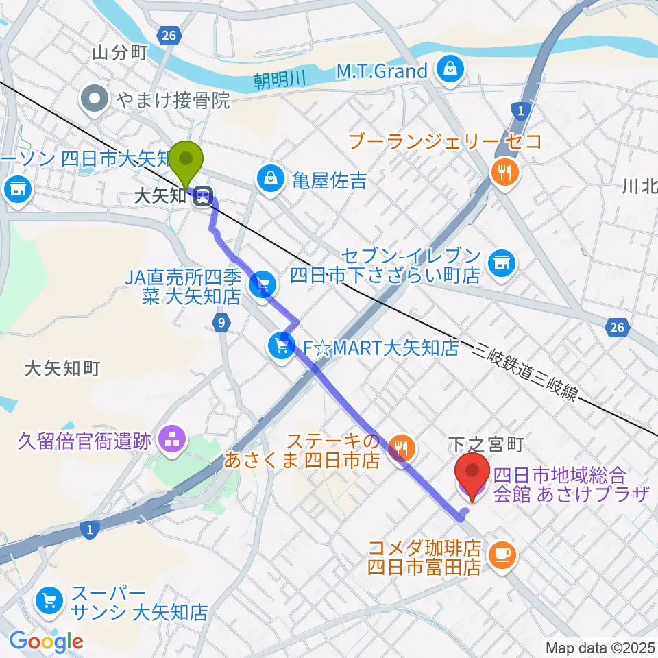 大矢知駅から四日市地域総合会館あさけプラザへのルートマップ地図