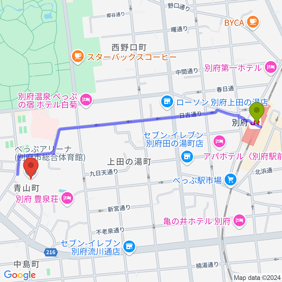 べっぷアリーナの最寄駅別府駅からの徒歩ルート（約13分）地図