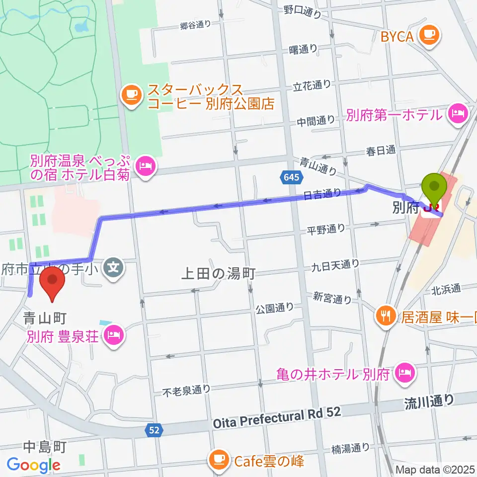 べっぷアリーナの最寄駅別府駅からの徒歩ルート（約13分）地図