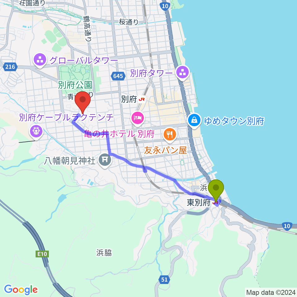 東別府駅からべっぷアリーナへのルートマップ地図