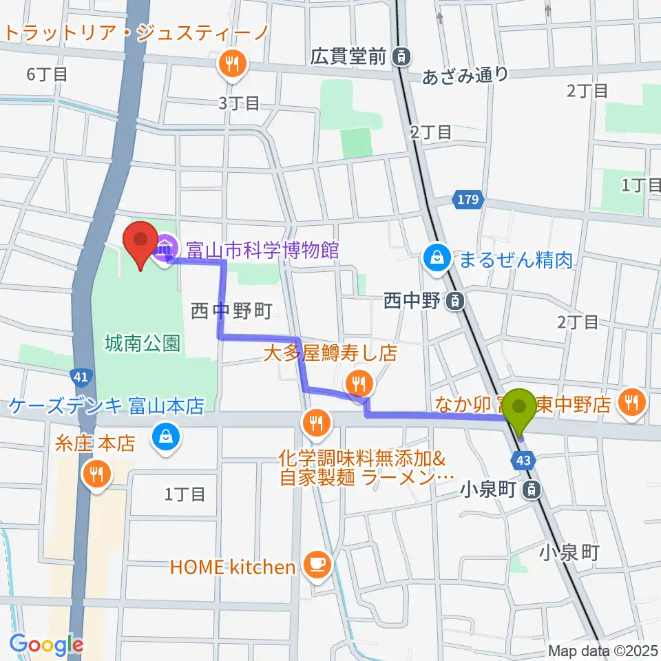 小泉町駅から富山市科学博物館へのルートマップ地図