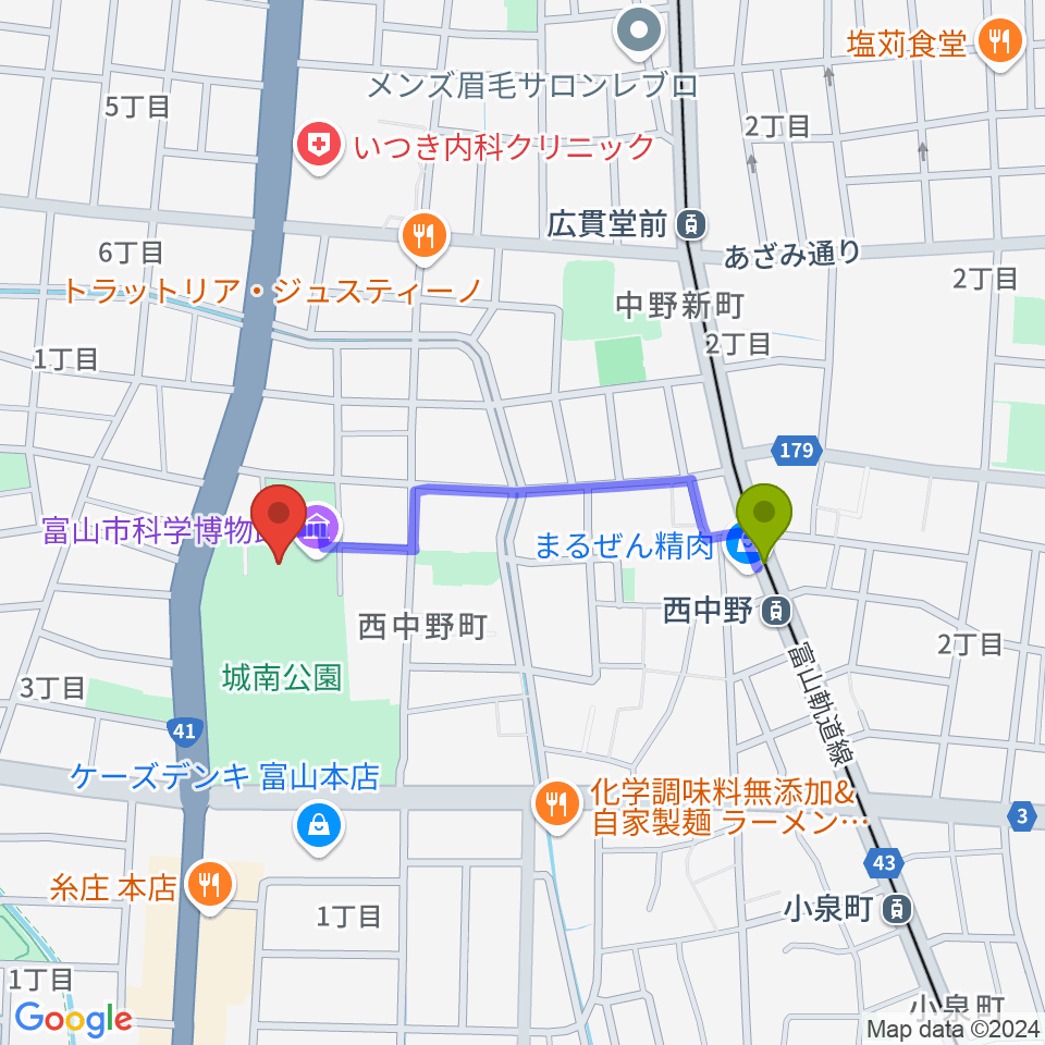 富山市科学博物館の最寄駅西中野駅からの徒歩ルート（約7分）地図