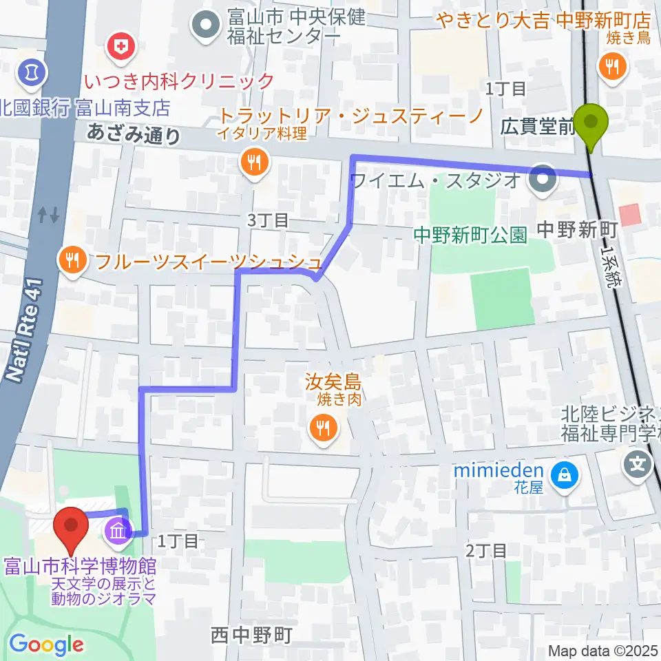 広貫堂前駅から富山市科学博物館へのルートマップ地図