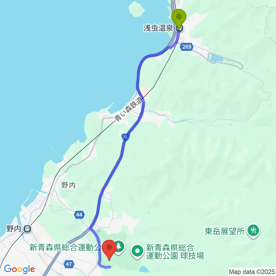 浅虫温泉駅からカクヒログループ アスレチックスタジアムへのルートマップ地図
