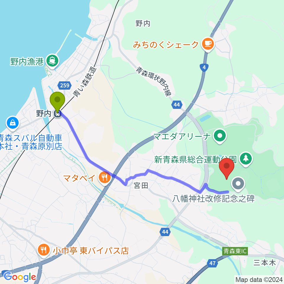 カクヒログループ アスレチックスタジアムの最寄駅野内駅からの徒歩ルート（約37分）地図