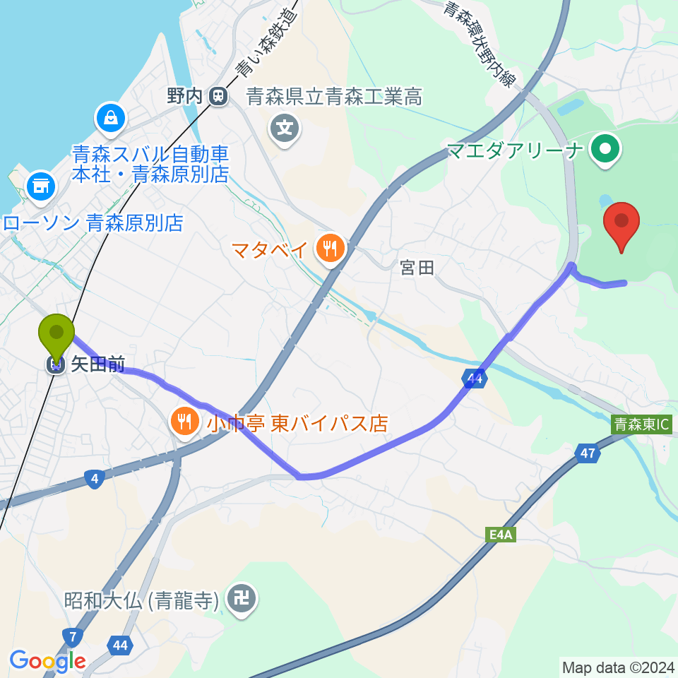 矢田前駅からカクヒログループ アスレチックスタジアムへのルートマップ地図