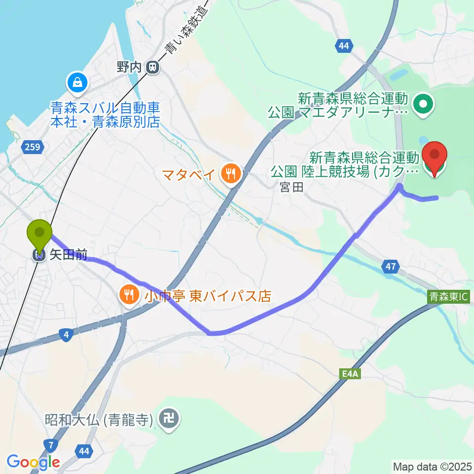 矢田前駅からカクヒログループ アスレチックスタジアムへのルートマップ地図