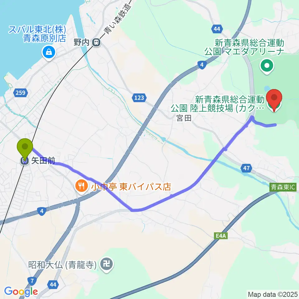 矢田前駅からカクヒログループ アスレチックスタジアムへのルートマップ地図