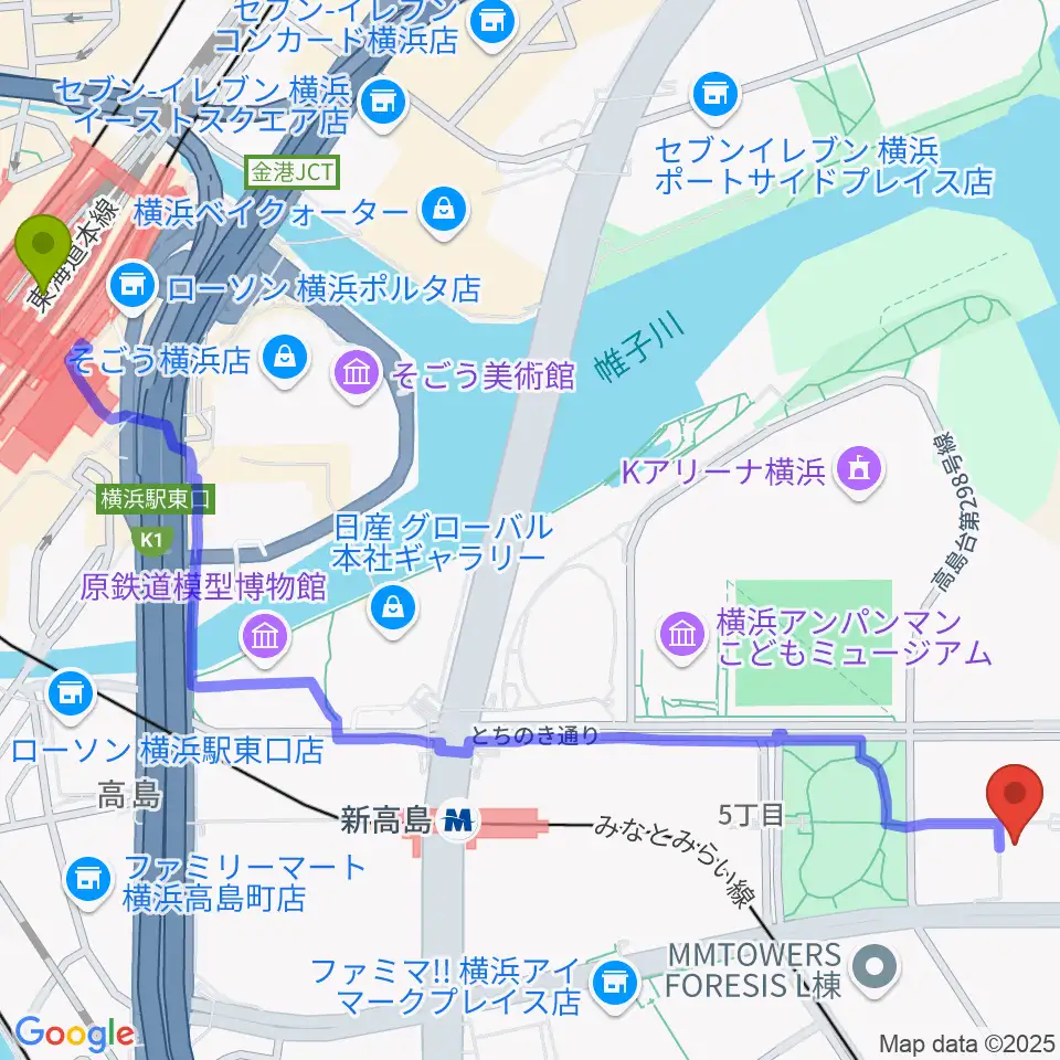横浜駅から横浜みなとみらいブロンテへのルートマップ地図