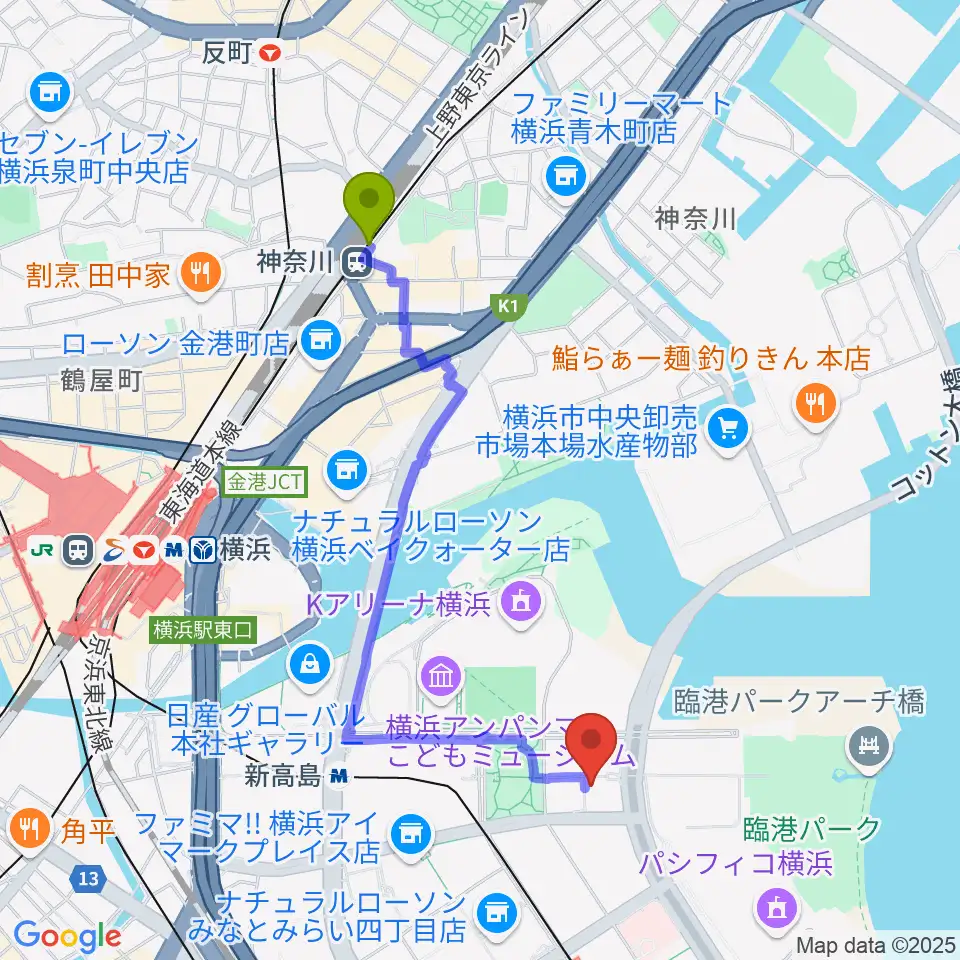神奈川駅から横浜みなとみらいブロンテへのルートマップ地図
