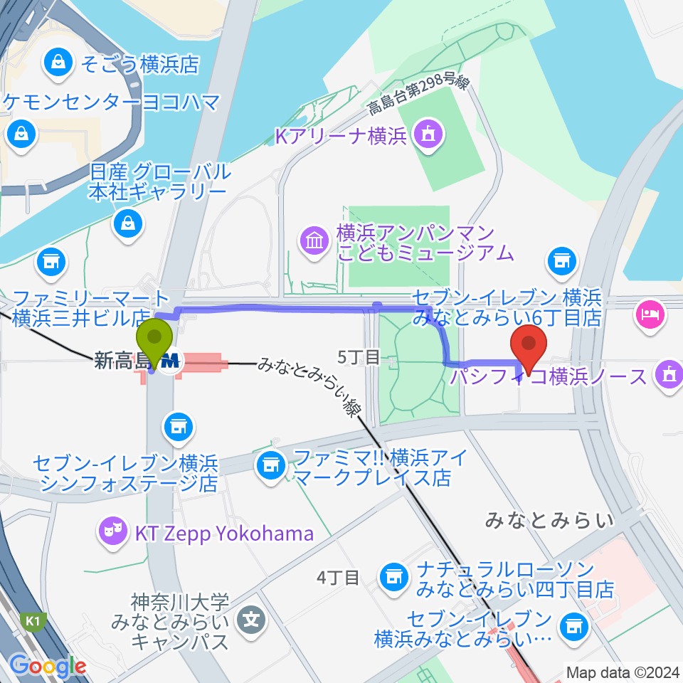 新高島駅から横浜みなとみらいブロンテへのルートマップ地図