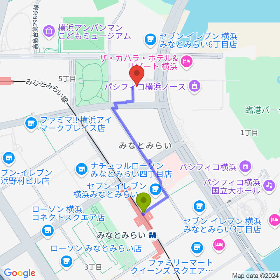 横浜みなとみらいブロンテの最寄駅みなとみらい駅からの徒歩ルート（約7分）地図