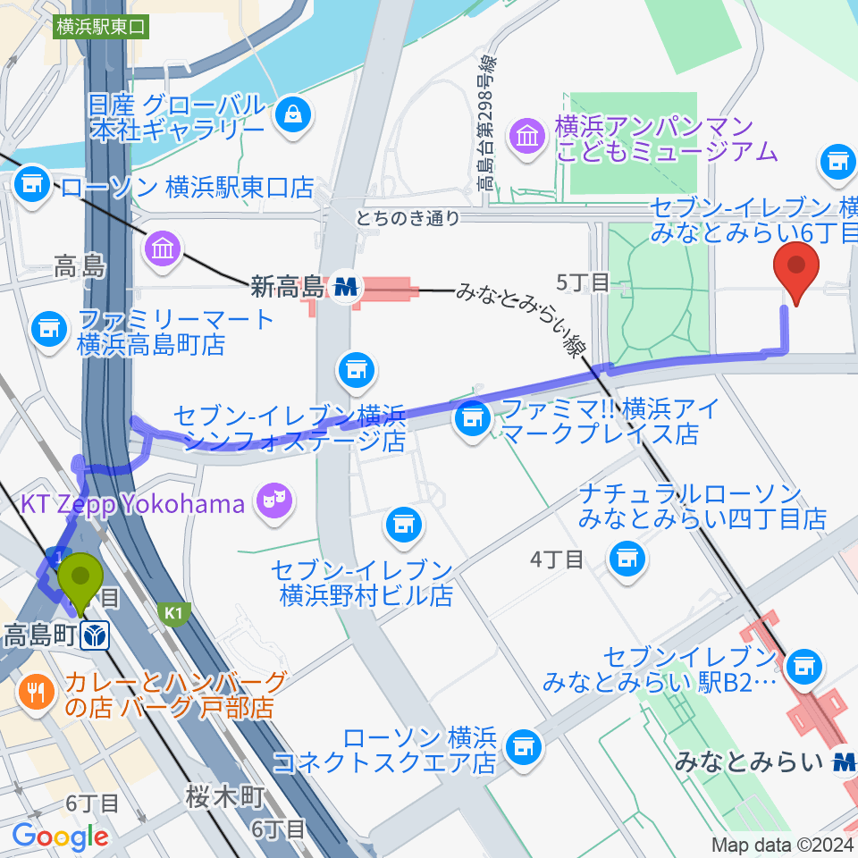 高島町駅から横浜みなとみらいブロンテへのルートマップ地図