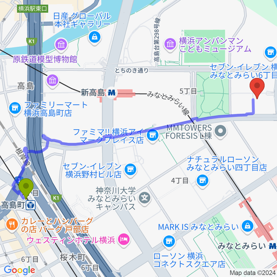 高島町駅から横浜みなとみらいブロンテへのルートマップ地図