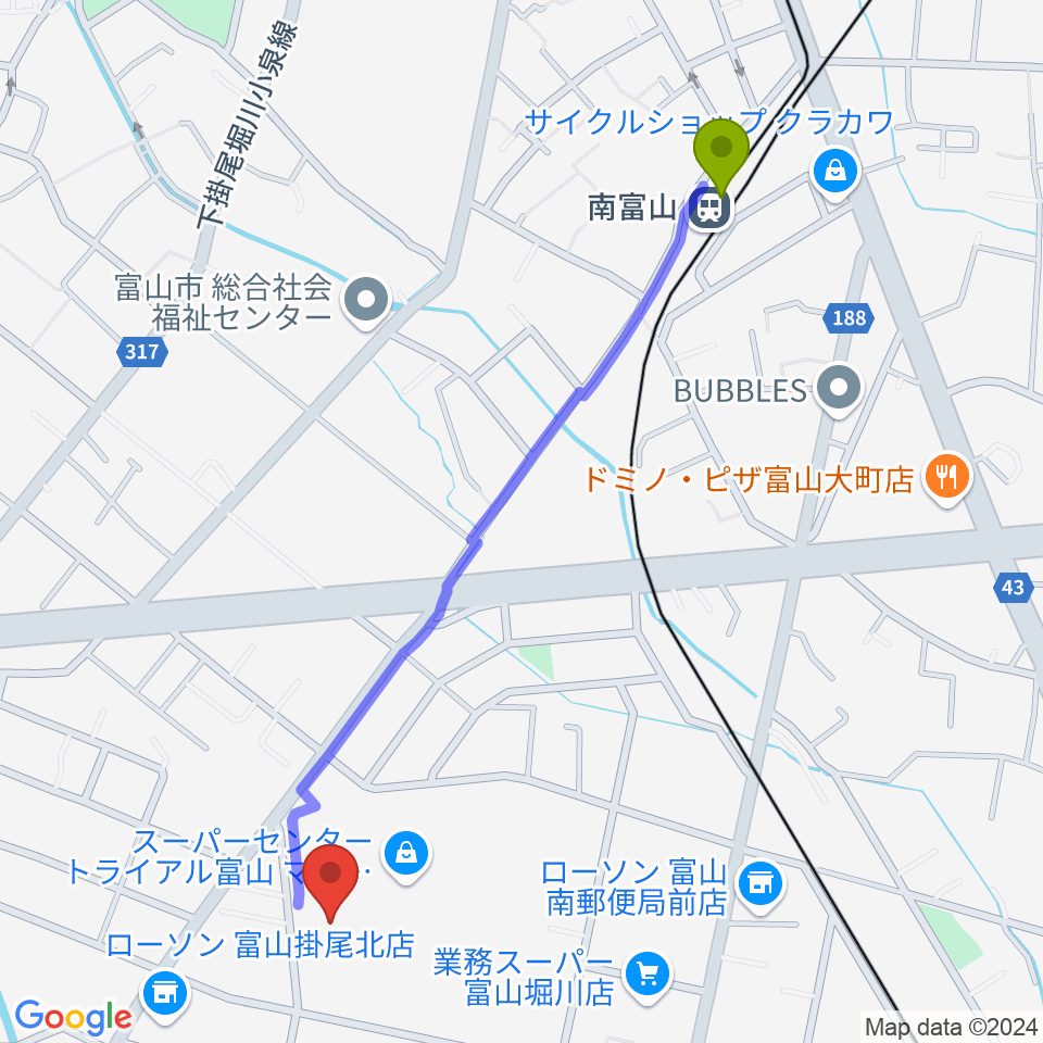 サミーミュージックスクールの最寄駅南富山駅からの徒歩ルート（約12分）地図