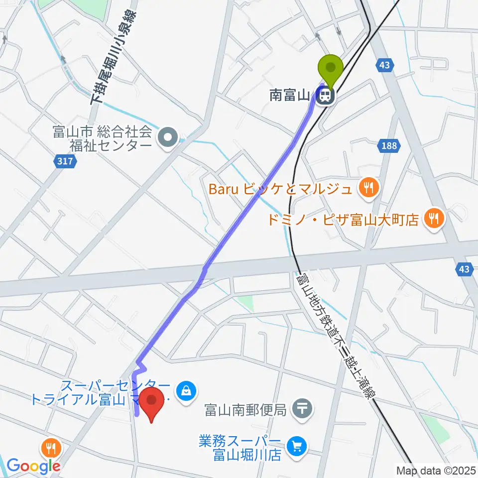 サミーミュージックスクールの最寄駅南富山駅からの徒歩ルート（約12分）地図