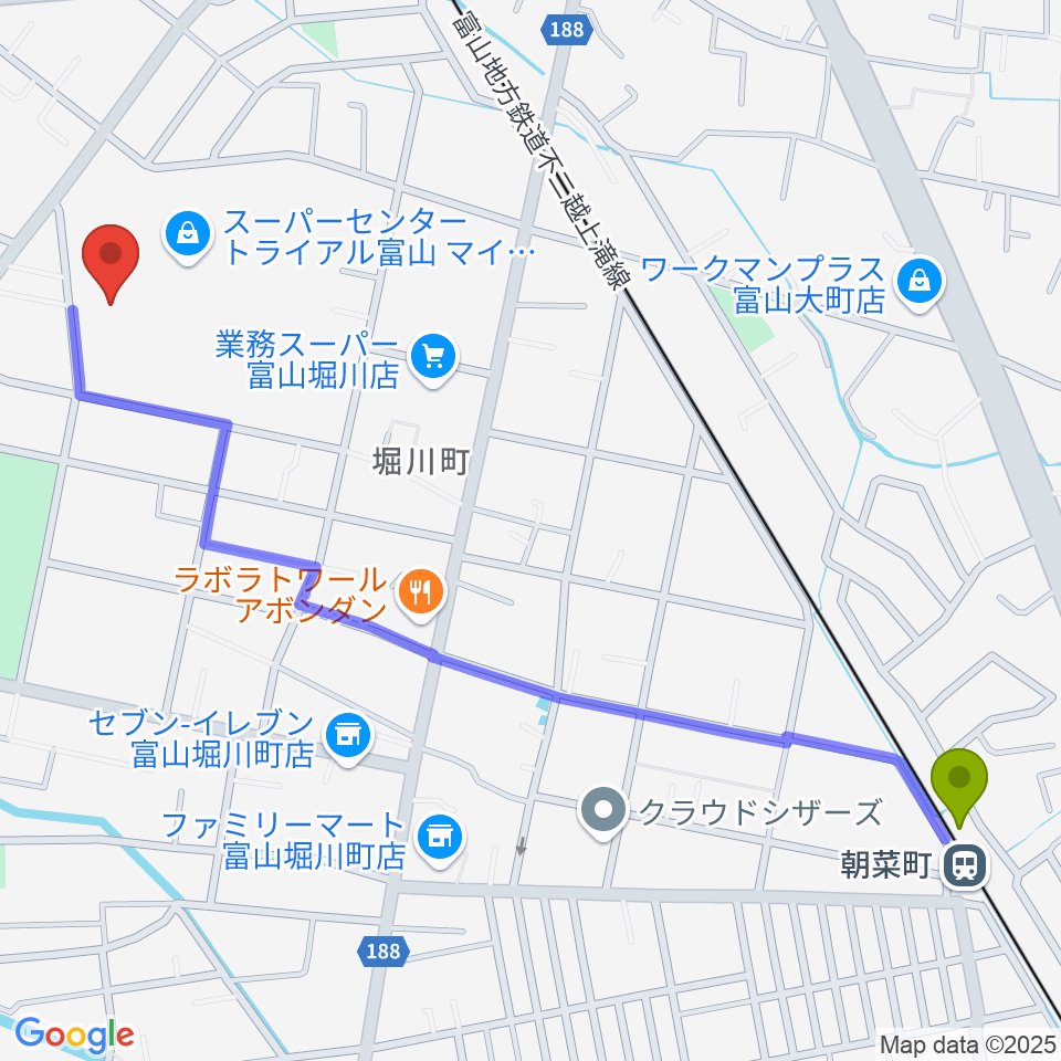 朝菜町駅からサミーミュージックスクールへのルートマップ地図