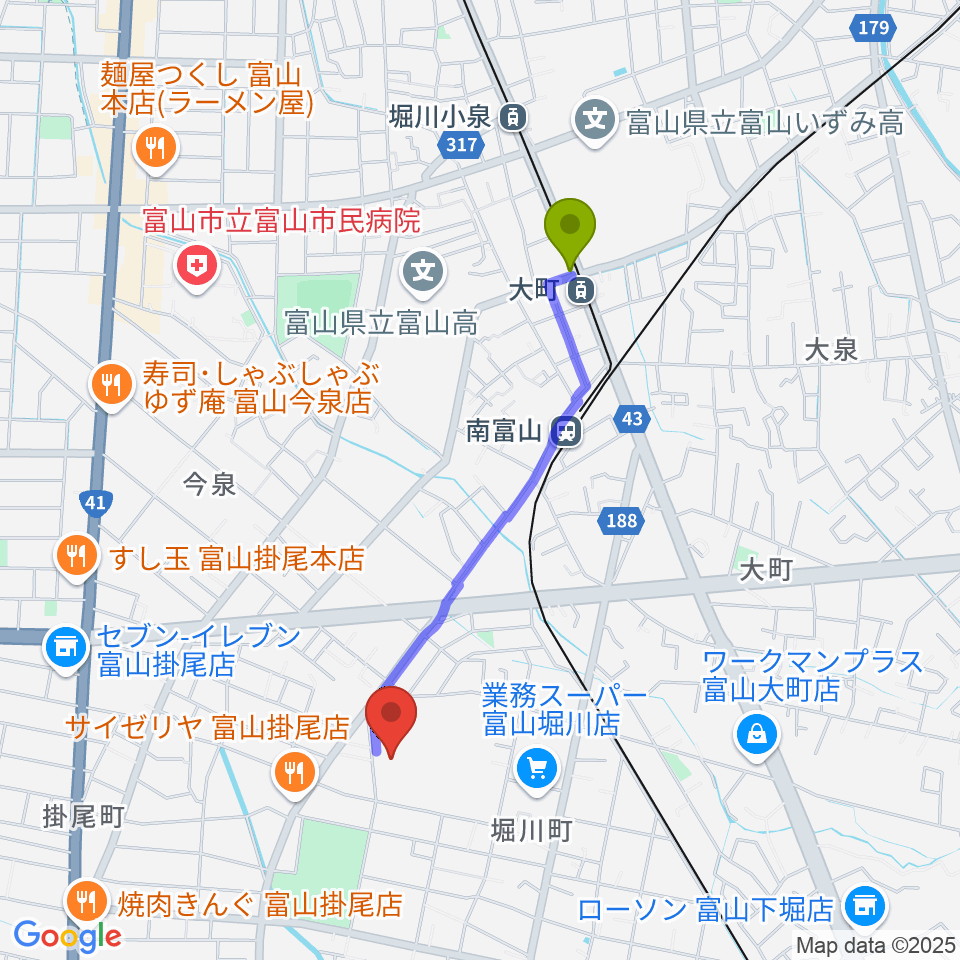 大町駅からサミーミュージックスクールへのルートマップ地図