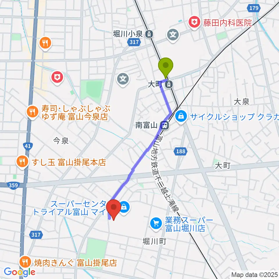 大町駅からサミーミュージックスクールへのルートマップ地図