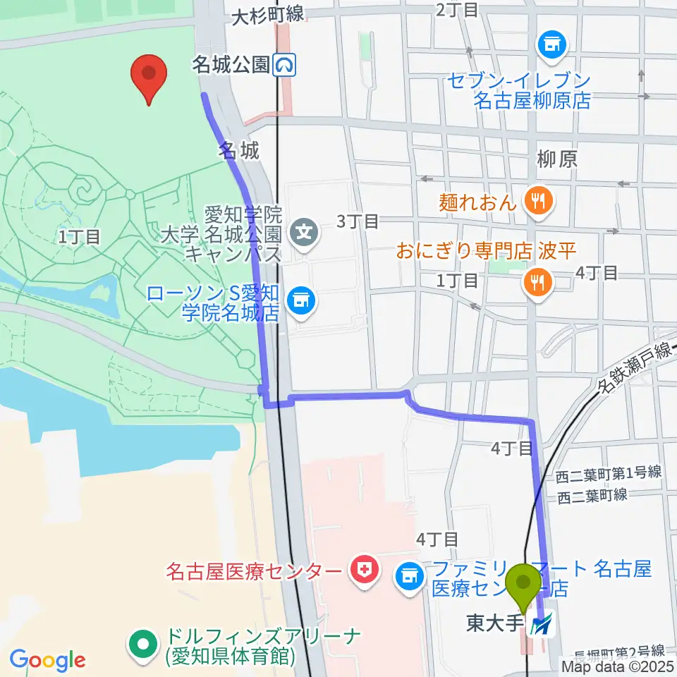 東大手駅からIGアリーナへのルートマップ地図