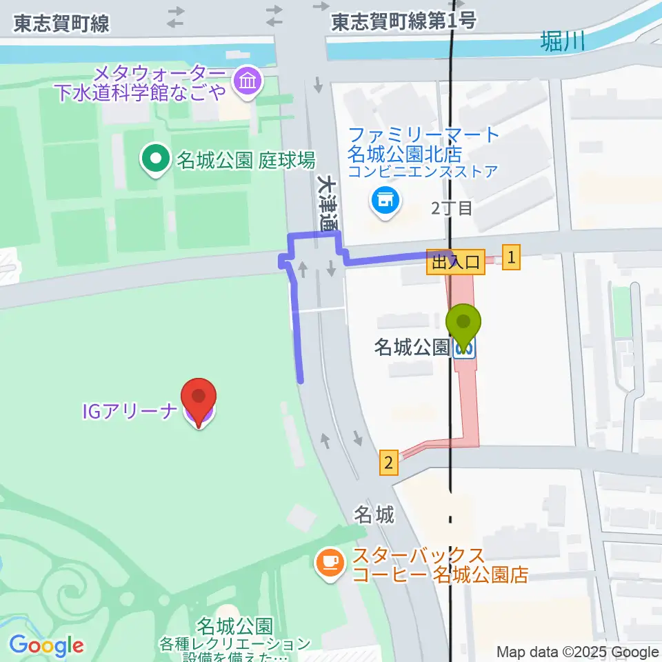 IGアリーナの最寄駅名城公園駅からの徒歩ルート（約3分）地図