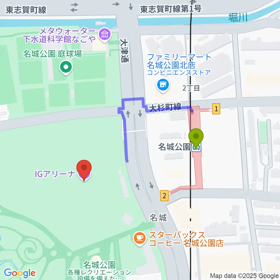 IGアリーナの最寄駅名城公園駅からの徒歩ルート（約3分）地図