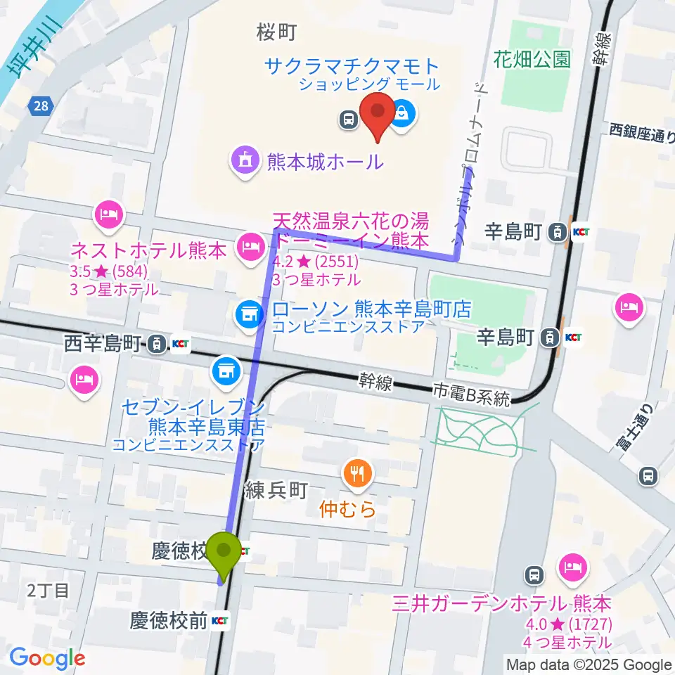 慶徳校前駅からTOHOシネマズ 熊本サクラマチへのルートマップ地図