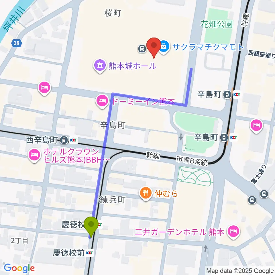 慶徳校前駅からTOHOシネマズ 熊本サクラマチへのルートマップ地図