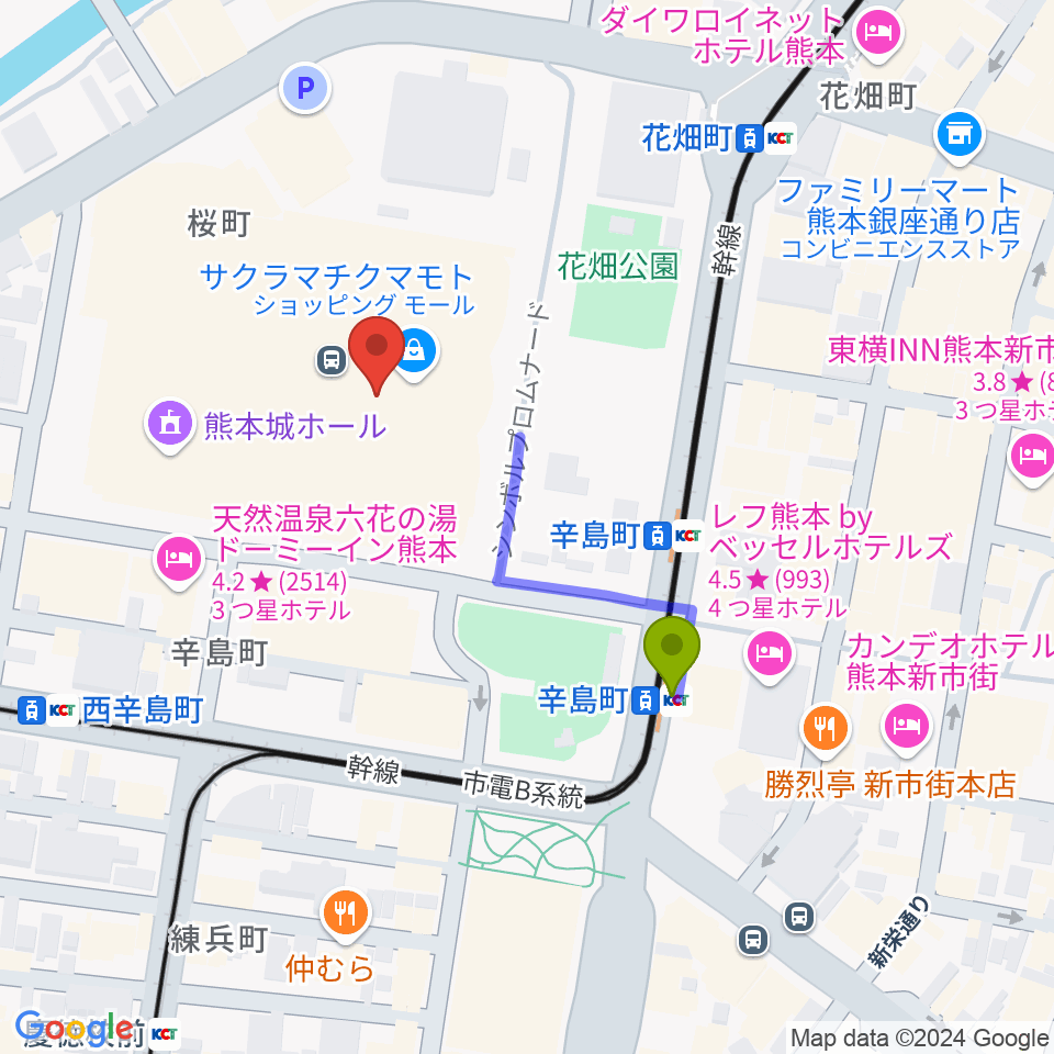 TOHOシネマズ 熊本サクラマチの最寄駅辛島町駅からの徒歩ルート（約3分）地図