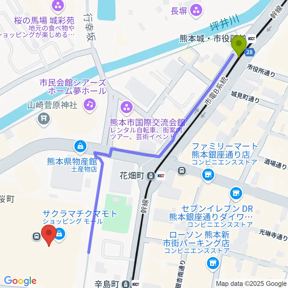 熊本城・市役所前駅からTOHOシネマズ 熊本サクラマチへのルートマップ地図