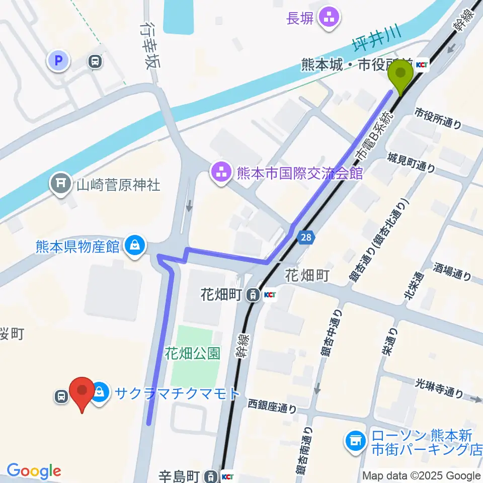 熊本城・市役所前駅からTOHOシネマズ 熊本サクラマチへのルートマップ地図