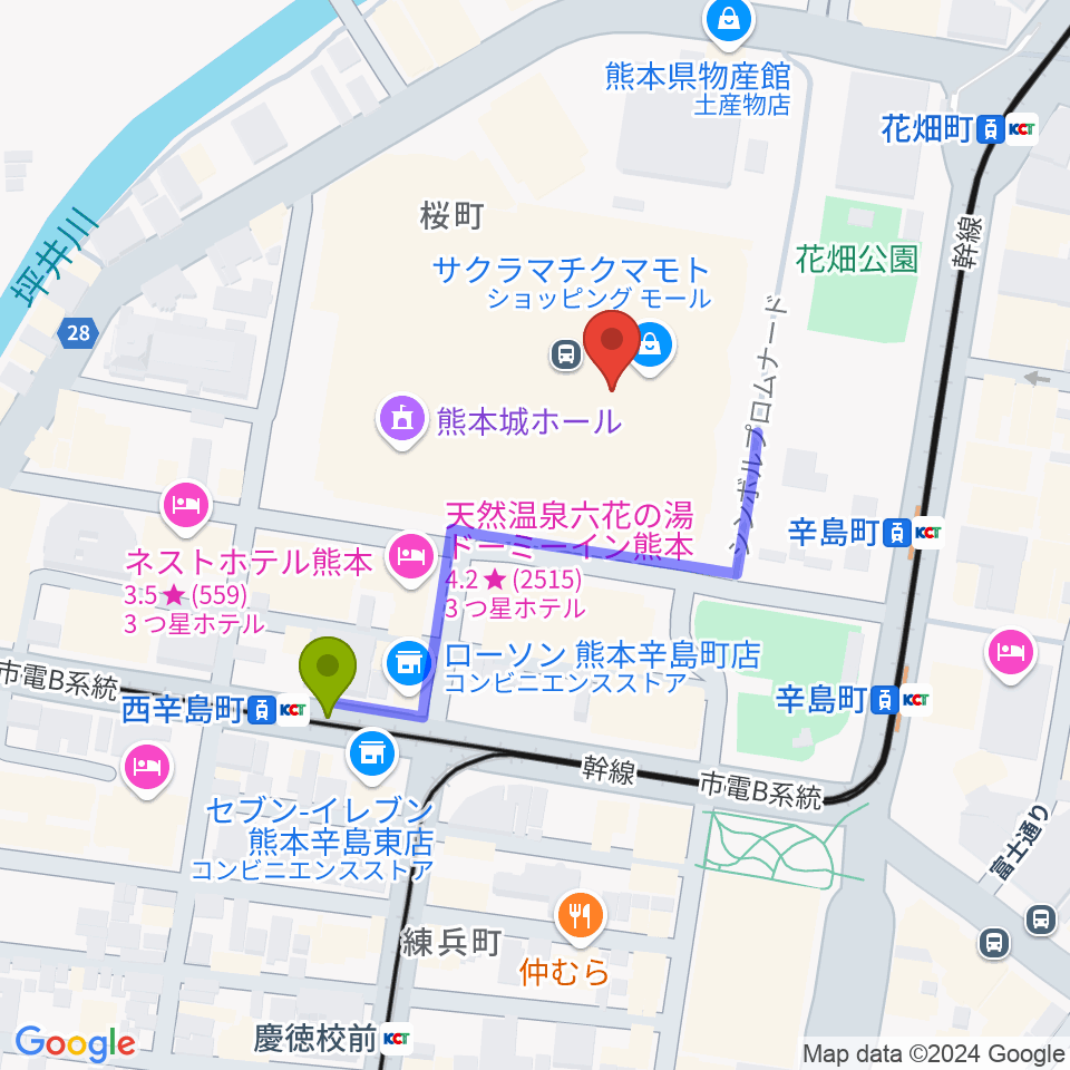 西辛島町駅からTOHOシネマズ 熊本サクラマチへのルートマップ地図