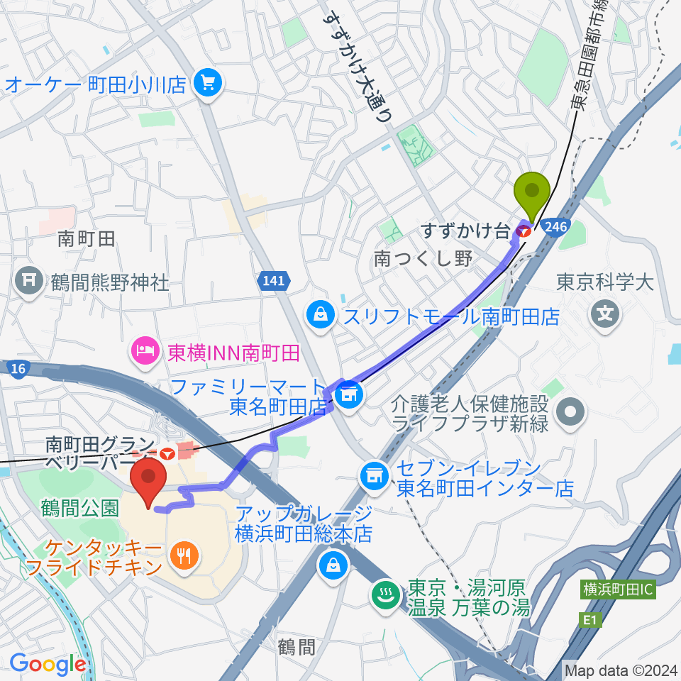 すずかけ台駅から109シネマズグランベリーパークへのルートマップ地図