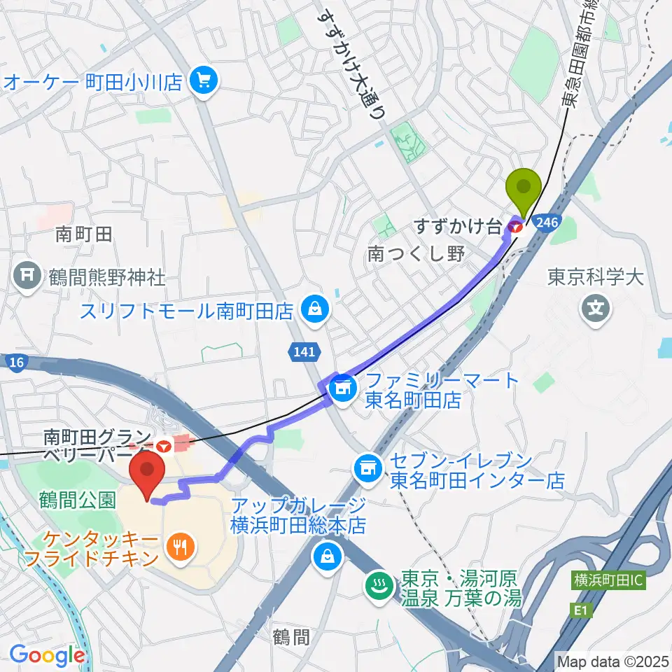 すずかけ台駅から109シネマズグランベリーパークへのルートマップ地図