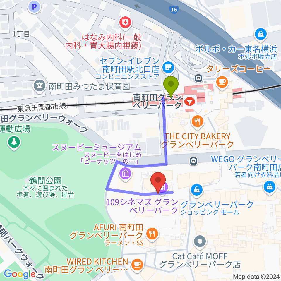 109シネマズグランベリーパークの最寄駅南町田グランベリーパーク駅からの徒歩ルート（約3分）地図