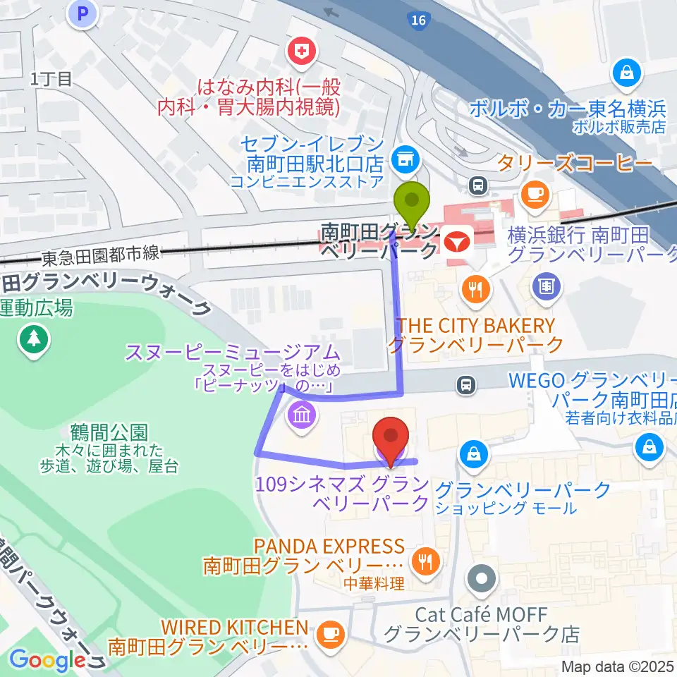 109シネマズグランベリーパークの最寄駅南町田グランベリーパーク駅からの徒歩ルート（約3分）地図