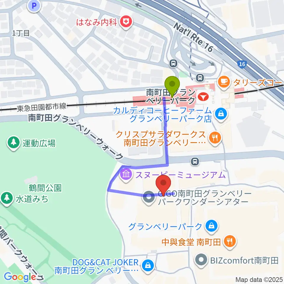 109シネマズグランベリーパークの最寄駅南町田グランベリーパーク駅からの徒歩ルート（約3分）地図