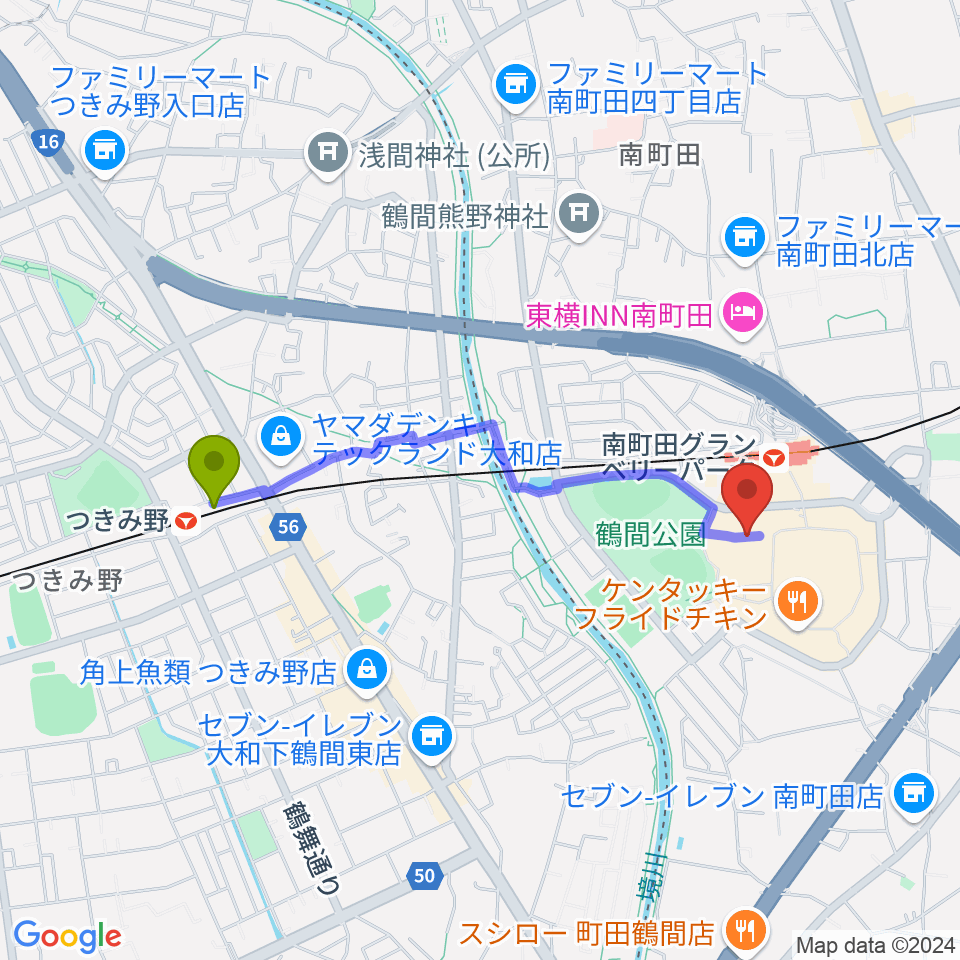 つきみ野駅から109シネマズグランベリーパークへのルートマップ地図