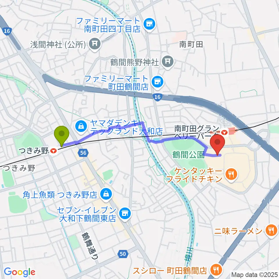 つきみ野駅から109シネマズグランベリーパークへのルートマップ地図