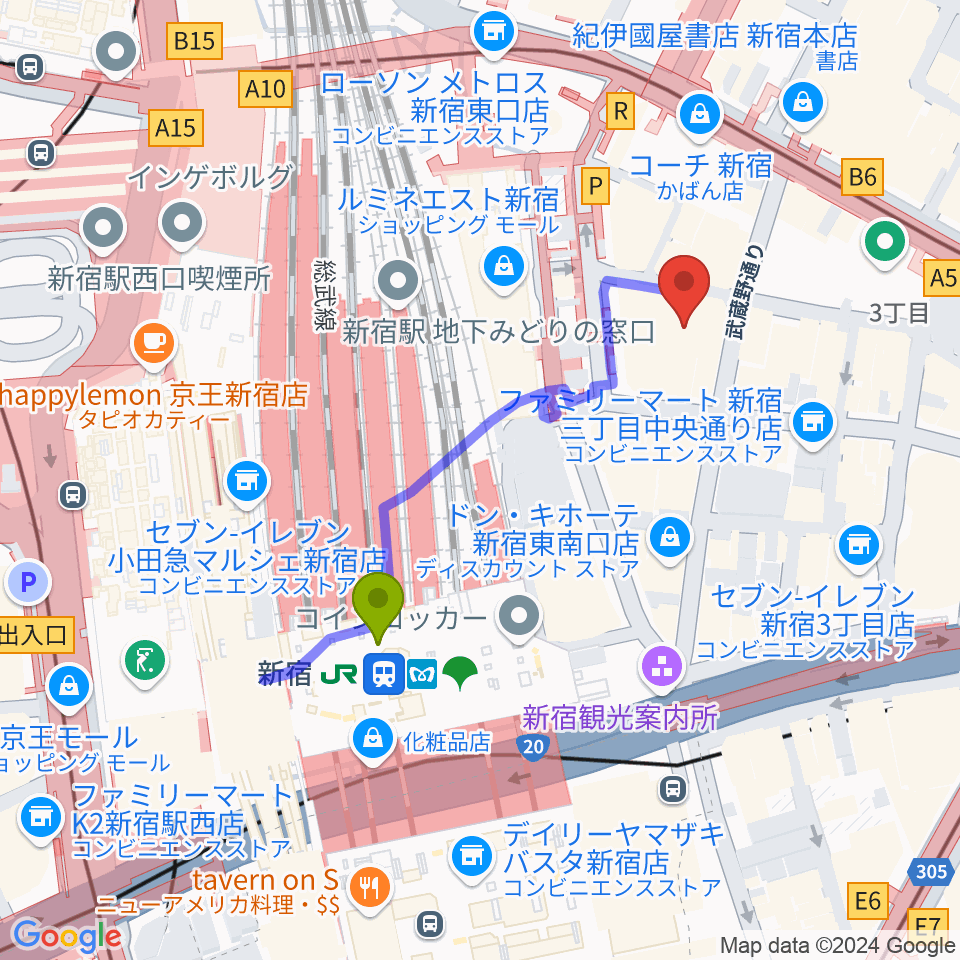 新宿武蔵野館の最寄駅新宿駅からの徒歩ルート（約4分）地図