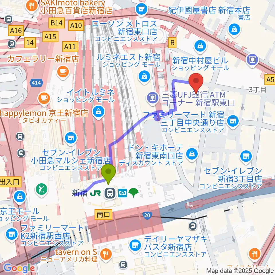 新宿武蔵野館の最寄駅新宿駅からの徒歩ルート（約4分）地図