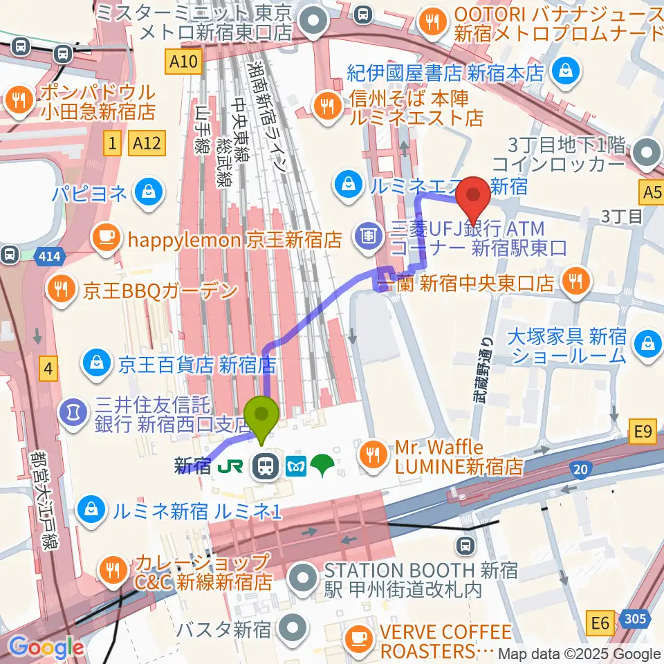 新宿武蔵野館の最寄駅新宿駅からの徒歩ルート（約4分）地図
