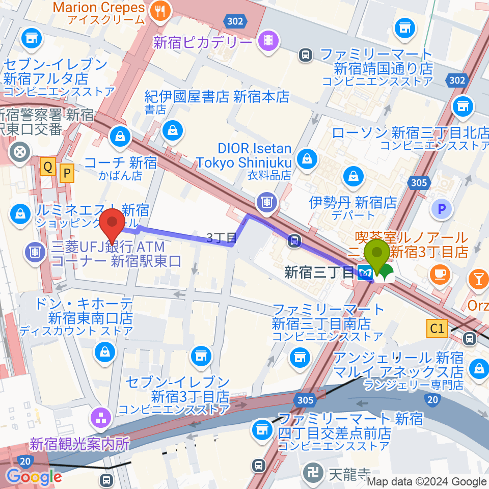 新宿三丁目駅から新宿武蔵野館へのルートマップ地図