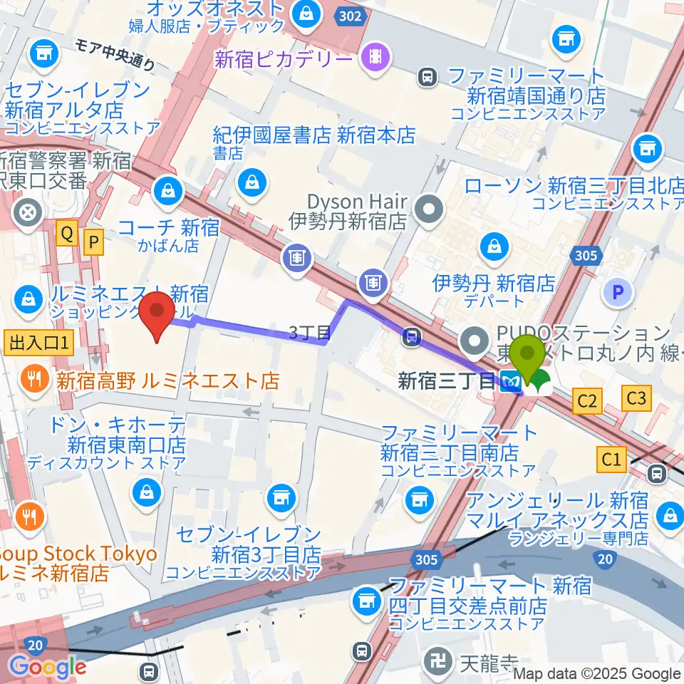 新宿三丁目駅から新宿武蔵野館へのルートマップ地図