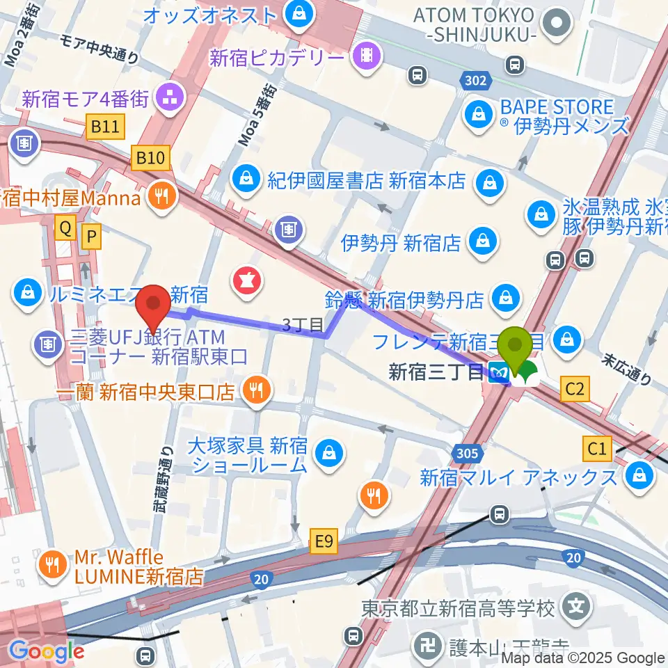 新宿三丁目駅から新宿武蔵野館へのルートマップ地図