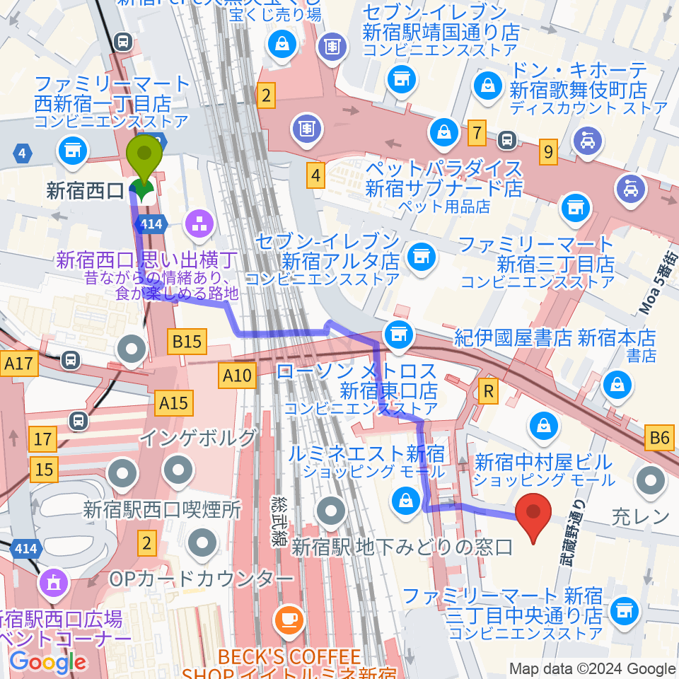 新宿西口駅から新宿武蔵野館へのルートマップ地図